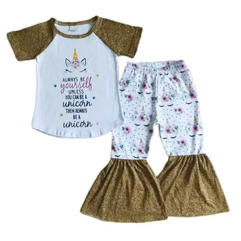 C0-22 Baby Girl Apģērbu Piens, Zīda Balts ar Īsām Piedurknēm T-krekls, Tops Ar Zelta Unicorn Uzvalks Bell Bikses Apģērbs Bērniem, Apģērbs Meitenēm