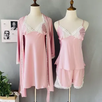4GAB Sleepwear Sieviešu Pidžamas Komplekts Lounge Valkāt Vaļēju Pidžamas Komplekts Gadījuma Peldmētelis Kimono Kleita Satīna, Zīda Apakšveļa, Mājas Apģērbi