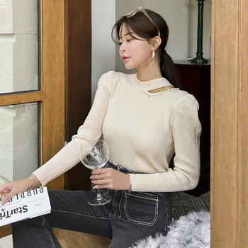 Dizains Šiks Ins korejas Modes Elegants OLA Sieviešu Rudens Ziemas Slim Dobi No Frēzēšana Trikotāžas Džemperis Džemperis Trikotāžas Džemperis