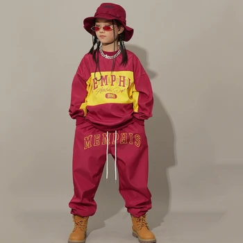 2022 Džeza Deju Tērpi Bērniem Sarkanā Long Piedurknēm Vaļīgas Bikses Streetwear Bērniem Balles Dejas, Hip Hop Skatuves Apģērbu DQS11792