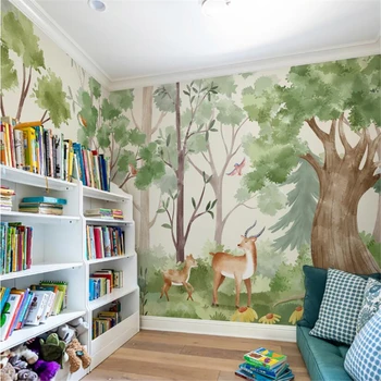 Pasūtījuma Karikatūra akvarelis meža dzīvnieku tapetes bērnistabai fona tapešu bērnudārza rotaļu mājas dekoru