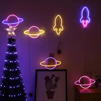 LED Planētas Neona Gaismas 3D Raķešu Krāsains Rainbow Neona Zīme Guļamistabu Mājas Puse, Kāzu Dekorēšana Bērnu Ziemassvētku Dāvanu Neona Lampas