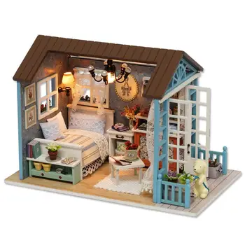 DIY Miniatūra leļļu Namiņš Komplekts DIY Samontē Koka Salona Modelis Mini Leļļu Māja Ar Mēbelēm LED Gaismas Bērniem Pieaugušajiem