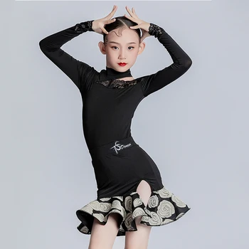 Jaunu Bērnu latīņamerikas Deju Kleita Meitenēm Melnas Mežģīnes garām Piedurknēm Konkurences Kleitu Balles Deju Apģērba Darbības Apģērbs BL9613