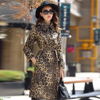 Modes Jaunu Sieviešu garo Kažoku Apgrozījums apkakles Jakets Meitenes Leopard Raksts Vējjaka Tranšejas ziemas vai rudens