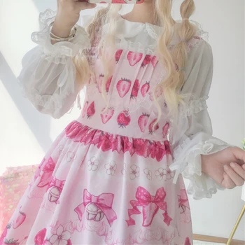 Vasaras JSK salds Zemeņu Piedurknēm kleita Rozā Lolita kleita rozā mežģīņu burbulis Ķiršu linga kleita