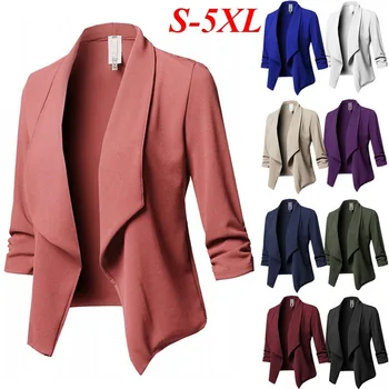 Plus Izmērs S-5XL Žakete Mētelis Sievietēm tīrtoņa Krāsas Uzvalks Long Piedurknēm Atloks Casual Slim Neviena Poga Dāmas Bleizeri Darba Valkāt Jaka