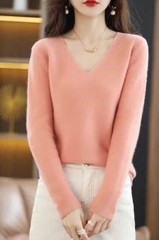 Pavasara Rudens sieviešu Džemperi Sieviešu Džemperis ar garām Piedurknēm Sexy V-Neck Cietā Džemperis 100% Vilnas Adīti Topi Apģērbi Krekls Bl