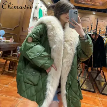 2022. gada Ziemas Jauno Modes Elegants Fox Kažokādas Lielas Kažokādas Apkakles White Duck Down Coat Sieviešu korejas Moderns Raibs Siltu Kažokādas Jaka