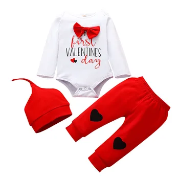 Unisex Zīdaiņu Pirmā Valentīna Diena Apģērbs, Apģērbu Komplekts Bērnu Zēniem Sarkanu Priekšgala Mīlestība Romper+Cepure+Bikses Tērpi Zīdainim Pleds Apģērbu 9M
