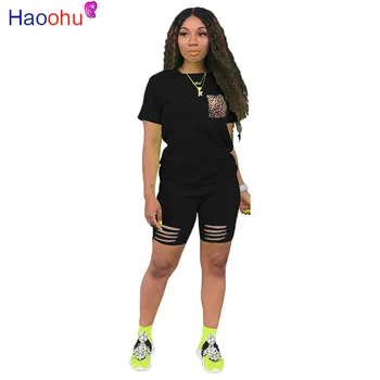 HAOOHU 2020. gadam, Sievietes, Divi Gabali Nosaka Vasaras Treniņtērpi O-veida Kakla Leopards Drukāt Topi+Jogger Bikses, Zeķes Sexy Tērps, Fitnesa Apģērbs