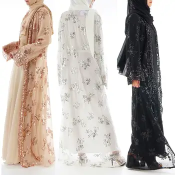Musulmaņu Apģērbi Hijab Kleita Sequin Abaya Dubaija Jilbabs Abayas Sieviešu Jaciņa Longo Caftan Mežģīnes Indonēzija Tesettur Elbise