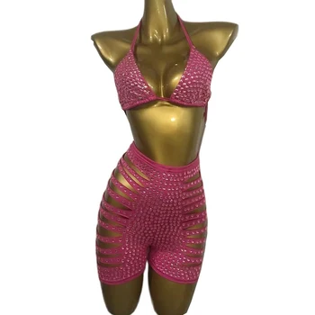 Rhinestone Sievietes Sexy Mirdzoša Rozā Akmeņi Bikini Komplekts Kostīmu Krūšturis, Īss Apģērbs