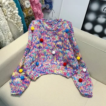 2022. gada Rudenī un Ziemā, Jauns Džemperis Roku darbs Bumbu Sieviešu Augstais Viduklis Biezu Džemperi Modes Krāsas Sabiezēt Silti Adīti Džemperi