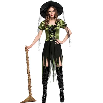 Sieviešu Sexy Ragana Cosply Kostīmi Zaļā Nelegālo Peplum Kleita, Cepure, Zīda Lente Set 3pcs Halloween Cosplay Kostīmi Burve Cos