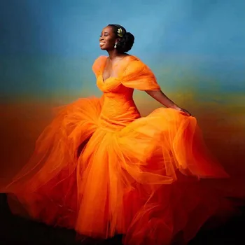 Elegants Apelsīnu Wrap Ilgi Tilla Formālu Kleita Dienvidāfrika Sievietes Puses Kleita Slāņos Sieta Grīdas Garums Sieviešu Kleita Ar Foto