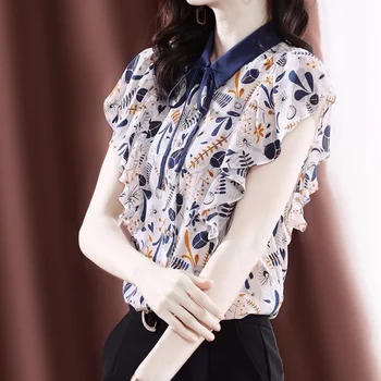 Augstas klases smagajiem zīda blūze, krekls sieviešu 2022. gada vasarā ārvalstu gaisa jauno Hangzhou modes īsām piedurknēm savukārt apkakle krekls blūze