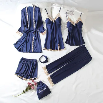 Seksīga Sieviete 7PCS Drēbes, Uzstādīt Sleepwear Gadījuma Peldmētelis Kimono Kleita Satīna Naktskrekls Naktsveļu Intīmas Apakšveļa Līgavas Kāzu Dāvanu