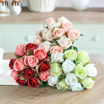 YO CHO Zīda rozes Mākslīgā Sarkanu Rožu Zīda Ziedi 12 Ziedu Galvas Ziedu Kāzas, līgavas Pušķis, ziedu Dekori