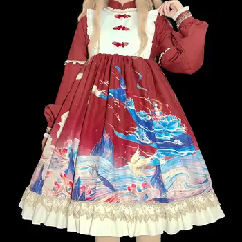 Lolita princese kleita Ķīniešu stilā ar garām piedurknēm op kleita viktorijas drukāšanas kawaii meitene loli cos gothic lolita kimono cosplay