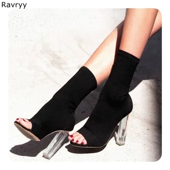 Ins Modes pārredzamu kvadrātveida papēdi Sievietēm īsā sandales zābaki elastīga melna potītes boot sieviete kurpes peep toe slip-on sieviešu kurpes