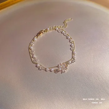 Modes Nerūsējošā Tērauda Rokassprādze Luxury Double Layer Ķēdes Imitācijas Pērles Dizaina Sievietēm, Ziedu Aproces, Kulonu Šarmu Rotaslietas