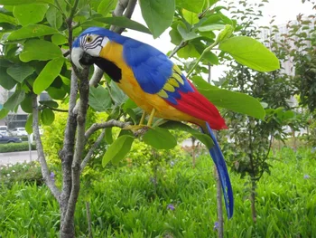 reālajā dzīvē Putnu dzeltens-zils spalvas papagailis modelis lielā 45cm papagailis dārza dekorēšana filmēšanas prop dāvanu h1002