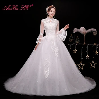 AnXin SH princese ziedu mežģīnes baltā kāzu kleita puse vintage augsta kakla ilgi izlīdzināšanu piedurknēm baltā vilciena mežģīnes up kāzu kleita