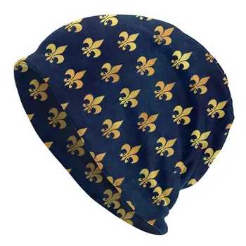 Royal Gold Blue Grunge Fleur De Lis Beanies Vāciņi Vīriešu Unisex Streetwear Ziemas Silta Adīta Cepure Pieaugušo Liliju Ziedu Sunīti Cepures