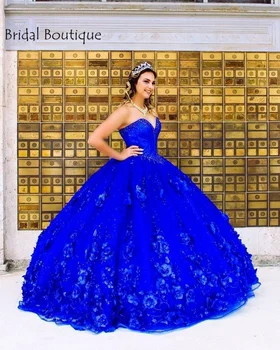 Royal Blue Quinceanera Kleitas ar 3D Ziedi AppliqueS Korsešu Fāzēm Bumbu Kleita Sweet 16 Kleita Vestidos XV De Años Mežģīnes Augšu