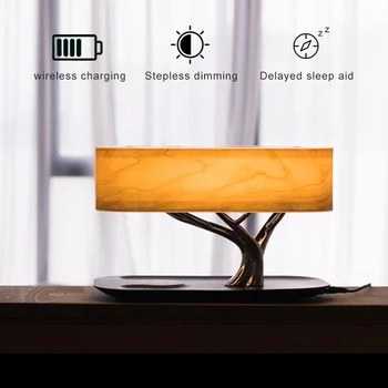 Koka Galda Lampa Mūzikas Bluetooth Skaļruni, WiFi, Gultas Lampa Led Gaismas Mobilā Telefona Bezvadu Uzlādi(CHI) par Dzīvojamā Istaba