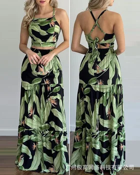 Sieviešu Sexy Piedurknēm Bohēmijas Svārki Uzstādīt 2021. Gada Vasaras Modes Elegants Jauns Green Print Kleita Komplekti