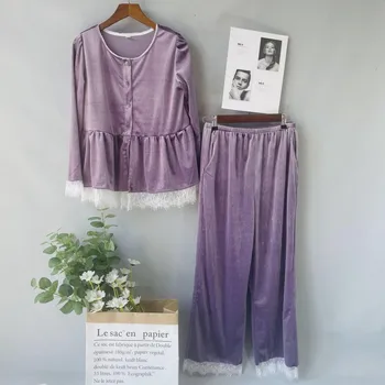 2GAB Miega Komplekts Intīmas Apakšveļa Gadījuma Sexy Mežģīņu Mājas Apģērbu Velūra Mežģīnes Pidžamu Sievietes Tērps ar garām Piedurknēm Rudens Jaunas Pidžamas