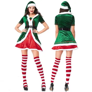 Zaļā Elfs Ziemassvētku Kostīms Festivāls Santa Klauzulas par Pieaugušām Sievietēm, Jaunais Gads apģērbu Masku Ziemassvētki Puse Kleita