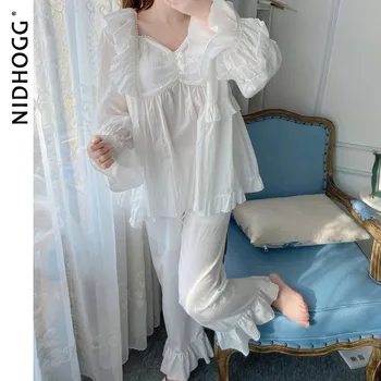 Rudens Modes Tiesas Salds Pidžamu Sieviešu Princese Parīzes Gaismas Plānas Pijamas 3 Gabals, kas Austi Kokvilnas Cietā Sexy Naktsveļu