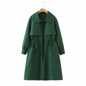 XIKOM Sieviešu Modes Tumši Zaļa Vintage Streetwear Vējjaka Sieviešu Mētelis ar garām Piedurknēm Kabatas Dāmas Temperaments Tranšejas Virsdrēbes