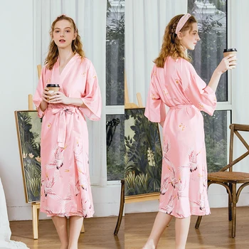 Pavasara Zīda Sieviešu Pidžamas Sleepwear Mājas Drēbes Sievietēm, Mīksts Peldmētelis Mājās Valkā Kimono Nakts Kleita Sleeprobe Miega Kleita