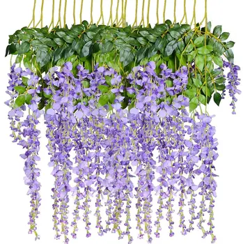 12 gab Mākslīgie Ziedi Zīda Wisteria Vīnogulāju Rotangpalmas Zīda Karājas Ziedu Kāzu Dekori (Purple)