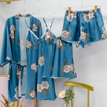 Sieviešu 4GAB Drukāt Viskozes Kimono Drēbes Kleita Pidžamas Komplekts Sexy Mežģīņu Siksna Top Naktskrekls Dāma Peldmētelis Šorti Sleepwear Pavasara Homewear