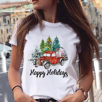 Sieviešu T Top Ziemas Sniega Truck 90s Priecīgus Ziemassvētkus Holiday Drukāt Karikatūra Sieviešu Krekls Grafiskais Tee Tshirt Jauno Gadu T-Krekli