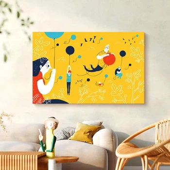 Horizontālā Versija Dzeltens Tīrs Roku apgleznoti Dzīvojamā Istaba Karikatūra Eļļas Glezna Dīvāns Fona Sienas Mākslas Dekoratīvais krāsojums