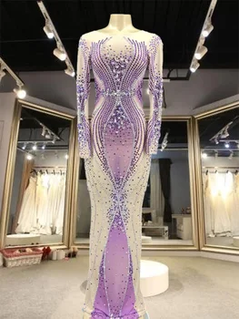 Pilna Wrap Purpura Akmeņi kleitu Redzēt Cauri Elegants ar garām Piedurknēm Vakara Kleita Festivāls Apģērbu Rhinstone Balli Īpašu Ocassion