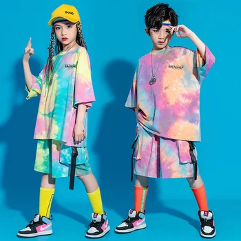 Mazulis Kpop Apģērbs Apģērbs par Meiteni, Zēns Grafiskais Tee Tie Krāsošanas Lielgabarīta T Krekls Top Streetwear Kravas Šorti Hip Hop Skatuves Kostīmu