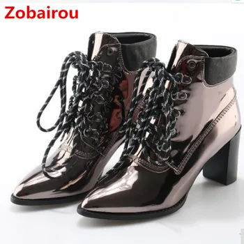Zobairou chunky augstpapēžu lakādas mežģīnes up chelsea zābaki skaida metāla spogulis punk dāmas kurpes lietus potītes boot sieviete