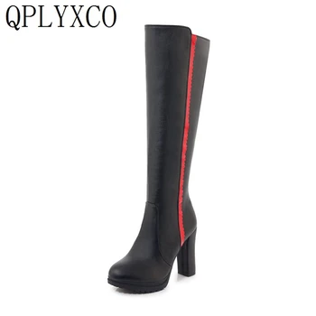 QPLYXCO 2019 modes augsta heels10cm sievietes ceļgalu augstu zābaki, pavasaris, rudens ziema kvalitātes zābaki, kāzu Kurpes sievietei ir liela izmēra 33-43
