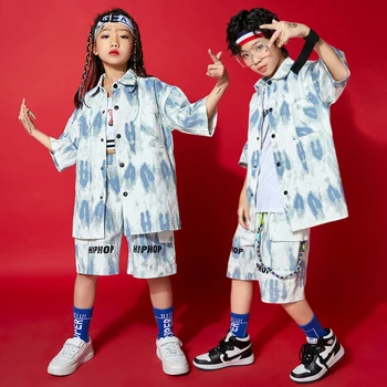 Ielu Dejas Tērpu Komplekts kaklasaišu Krāsošanas Krekli ar Īsām Piedurknēm Bērniem Hip Hop Apģērbu Zēni Meitenes Posmā Valkā Džeza Sniegumu Uzvalks BL6352