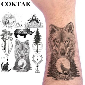 Liels, Melns Vilks Kalnu Mēness Koku Pasūtījuma Pagaidu Tetovējumiem Vīriešiem Foream Tetovējums Ūdens Nodošanu Tatoos Body Art Apgleznošanas Koks