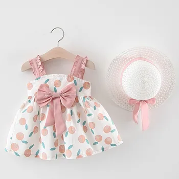 Bērnu kleitu jaunā vasaras bērnu girl dress loku apple drukāt zeķu kleita ar cepuri meitenei kleitu, bērnu drēbītes