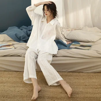 Sieviešu Pavasara Pyjama Plānas Kokvilnas zivs astei līdzīgs Svārkiem Pidžamas Komplekts garām piedurknēm, Garās Sleepwear White 2-gabals Brīvs Vienkārši Loungewear