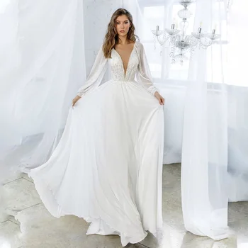 Elegants Pilnu Piedurknēm V-veida kakla Fāzēm Līnijas, Kāzu Kleitas Mežģīnes Augšu Atpakaļ Līgavas Kleita vestido de noiva